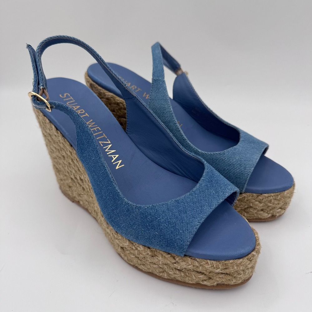 Stuart Weitzman Blue Denim Espadrille Wedge Sandals Summer Slingback Size‎ 7.5B